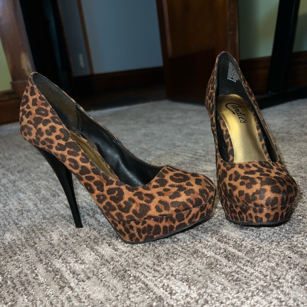 Candies leopard suede stiletto pumps.